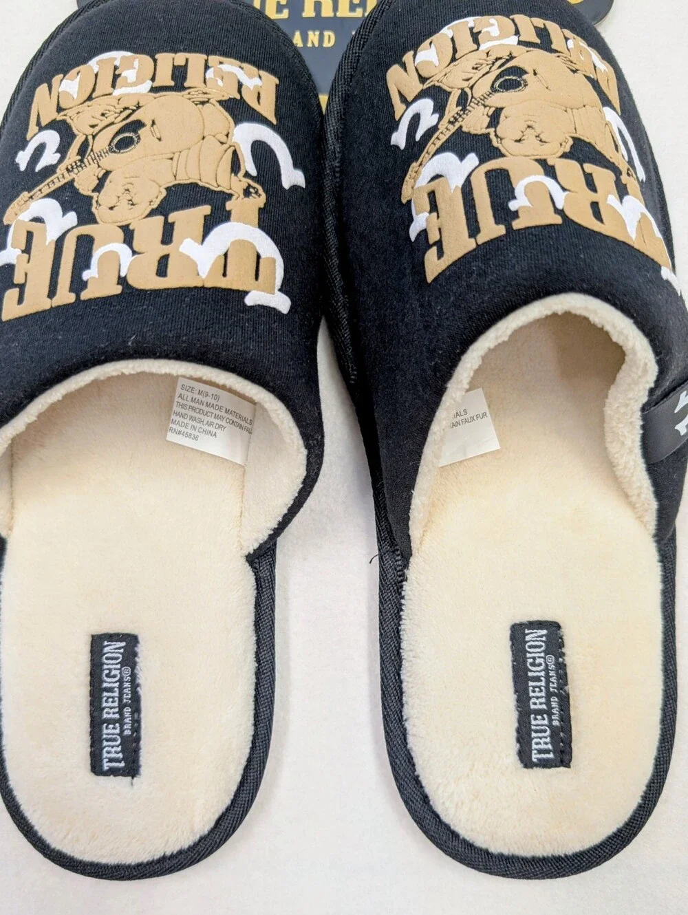 True Religion Men's Black Logo Slippers White Plush Lining NWT Size 9-10